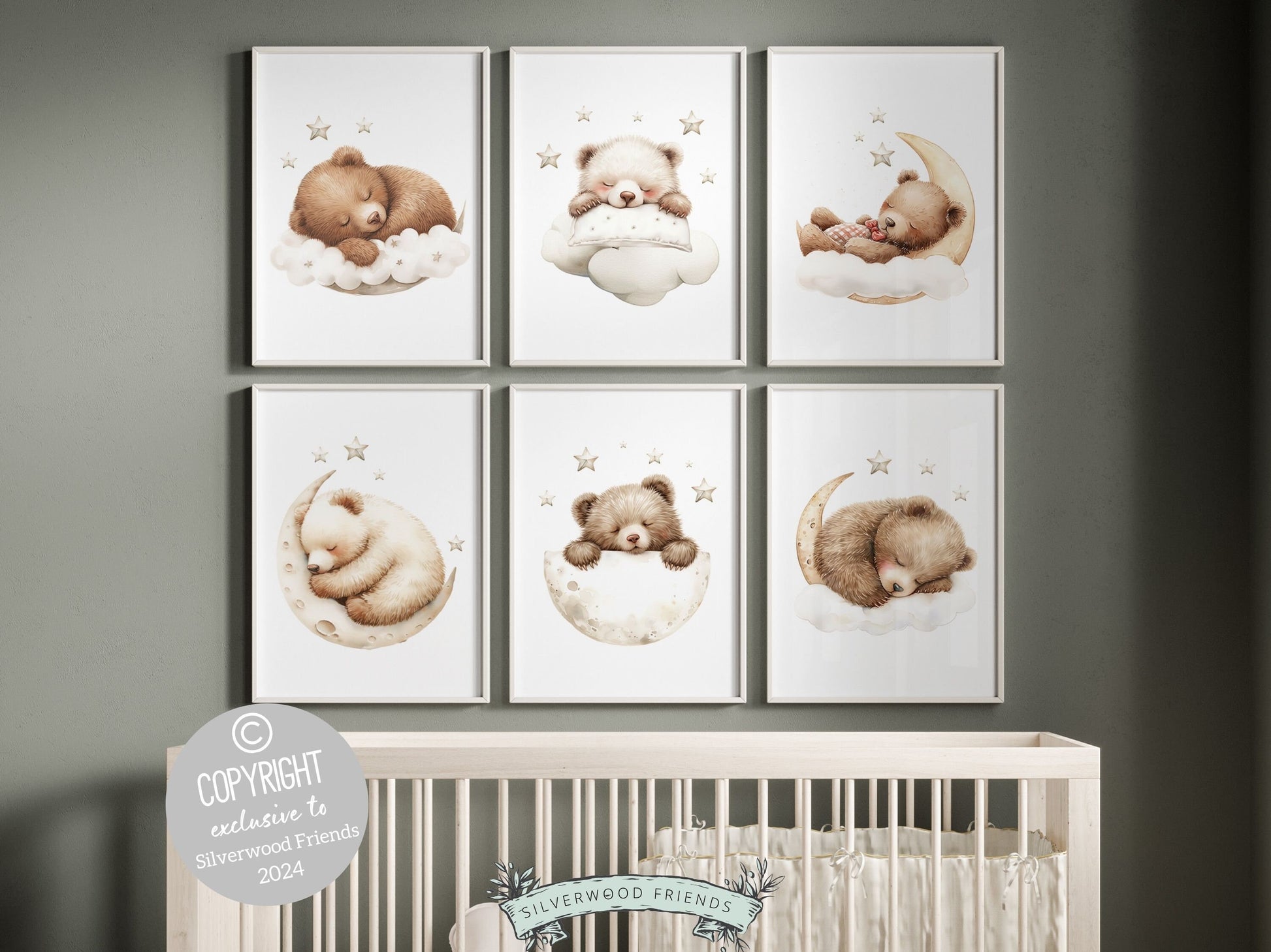 Set of 6 Teddy Bear Nursery Prints featuring adorable brown bears sleeping on the moon under a star studded sky. The neutral color palette makes it the perfect addition to your neutral nursery theme or as a unique gender neutral baby shower gift.