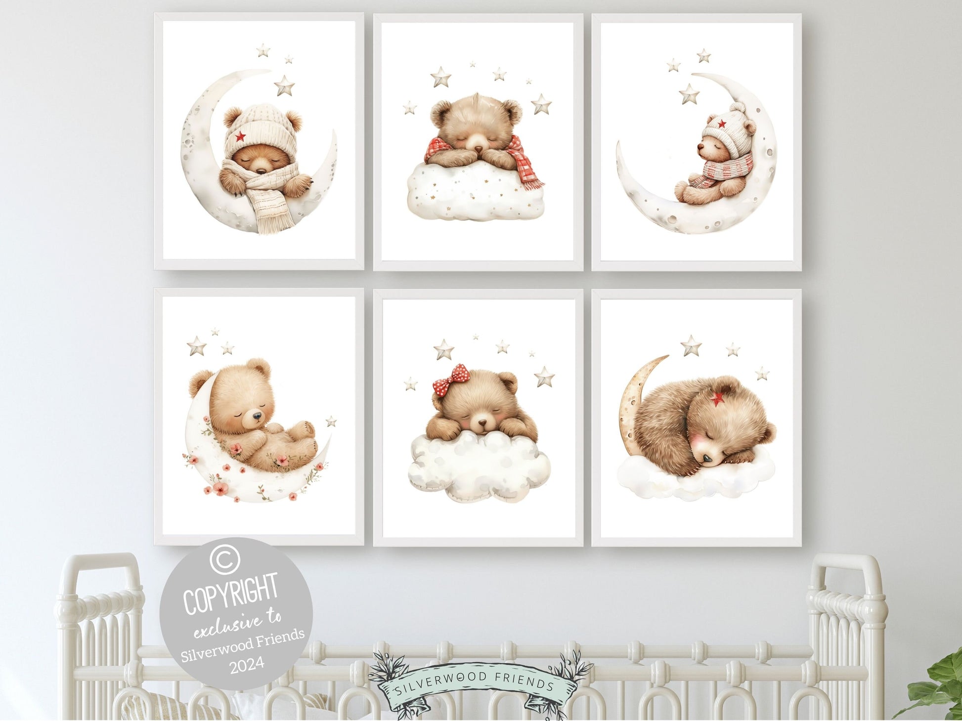 Set of 6 Teddy Bear Nursery Prints featuring adorable brown bears sleeping on the moon under a star studded sky. Perfect for your girls nursery decor or as a unique baby girl baby shower gift.
