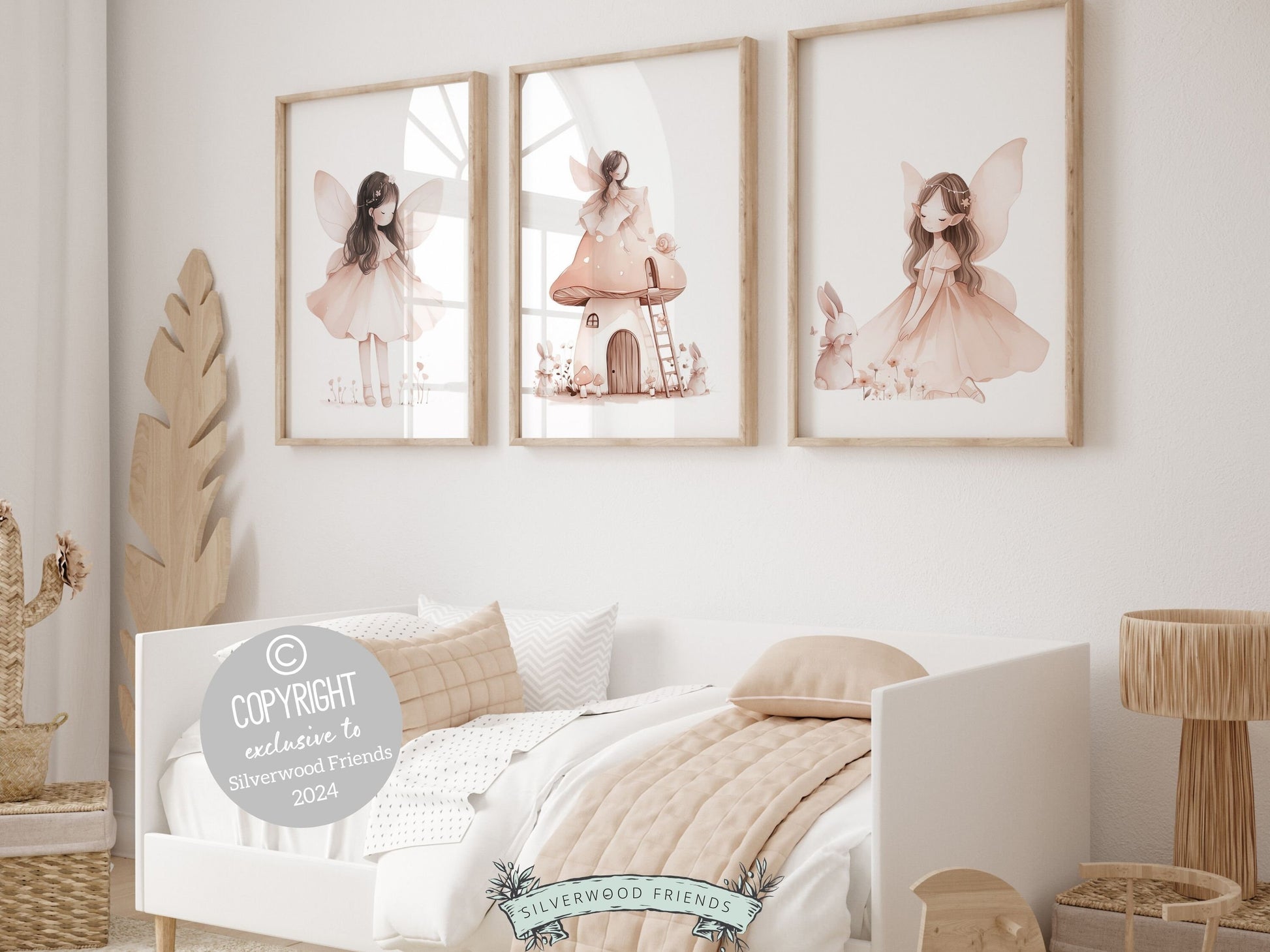 Embrace the enchantment with our delightful Fairy Nursery Prints featuring fairies, fairy house, bunnies, and wildflowers, the perfect adornment for your baby girls nursery decor or a cherished baby shower gift guaranteed to enchant.