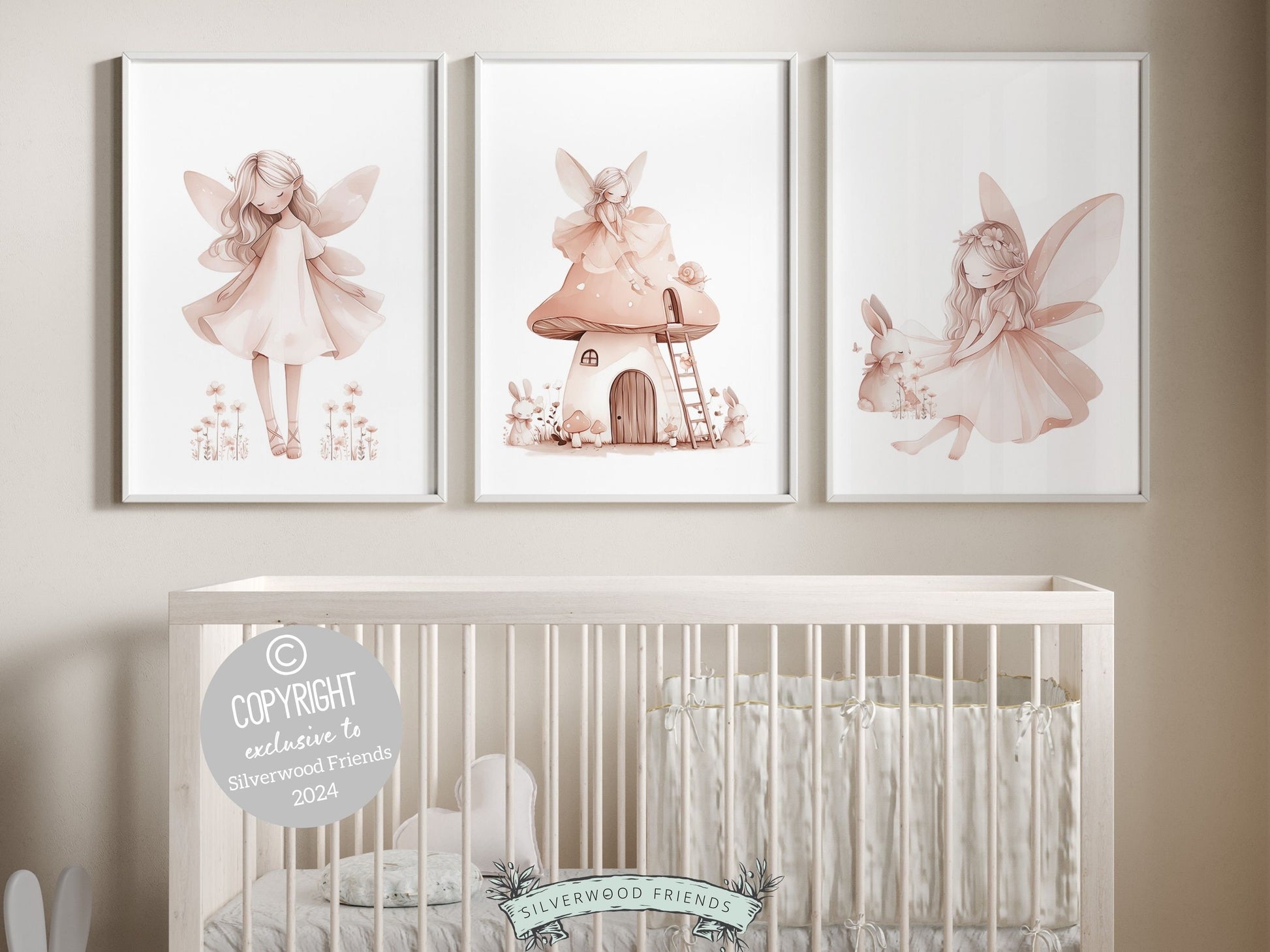 Embrace the enchantment with our delightful Fairy Nursery Prints featuring fairies, fairy house, bunnies, and wildflowers, the perfect adornment for your baby girls nursery decor or a cherished baby shower gift guaranteed to enchant.
