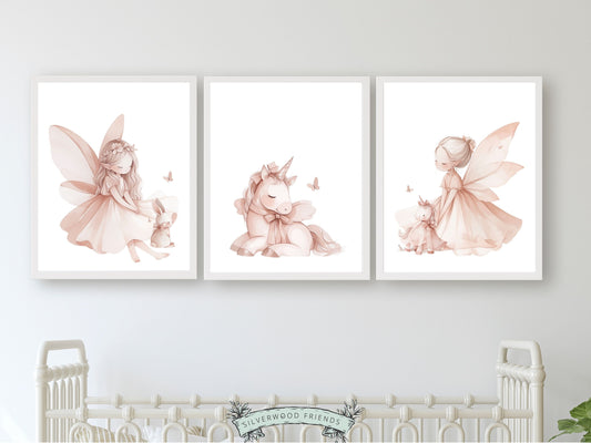 Fairytale Nursery Prints, Baby Girls Fairy Unicorn Nursery Print, Girls Pastel Pink Bunny Bedroom Decor, Fantasy Nursery Decor Digital Print