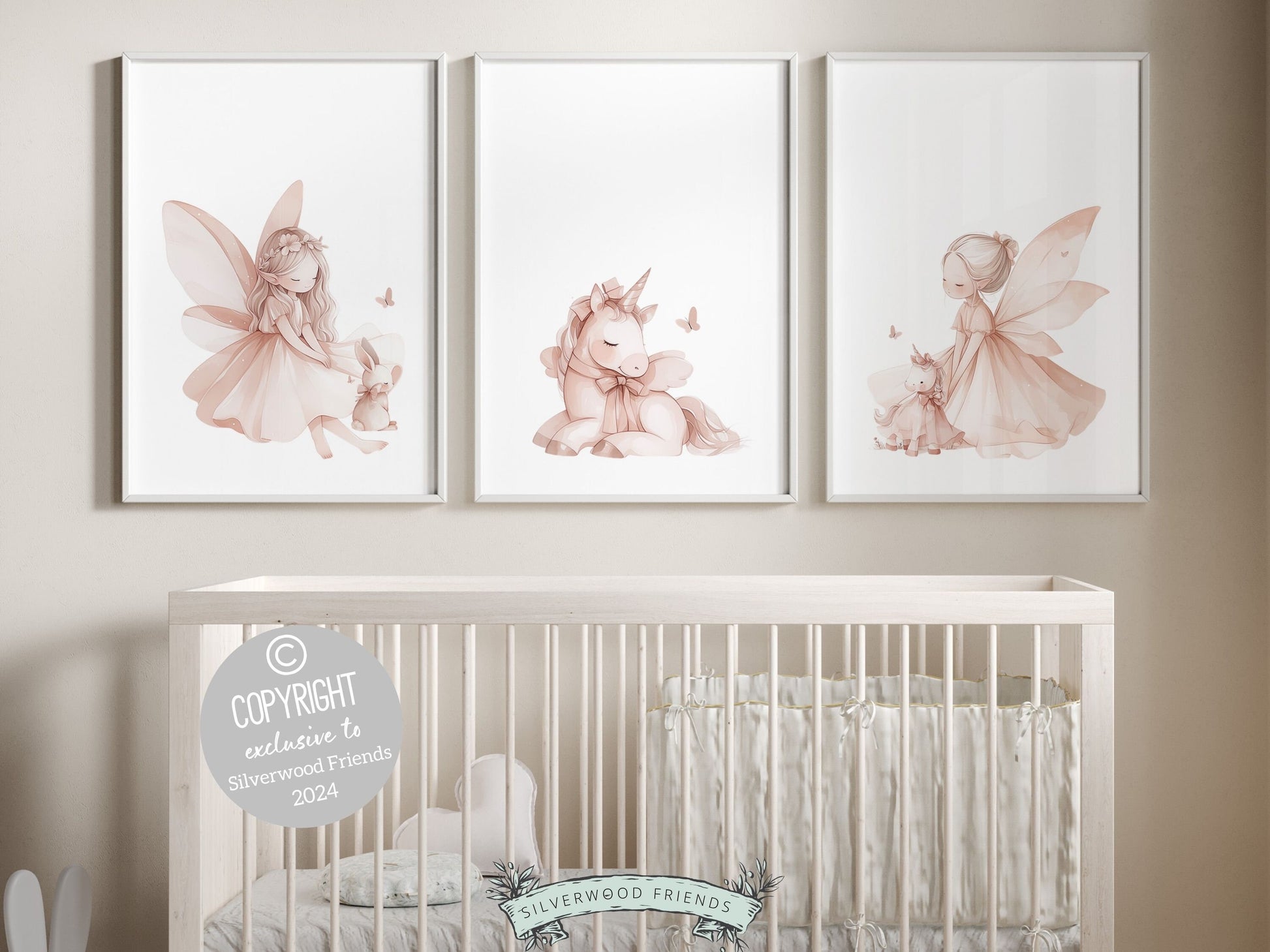 Set of 3 Fairytale Nursery Prints featuring fairies, unicorns and adorable bunny rabbit. These pastel prints will add a touch of magic and wonder to your babys nursery decor and also makes a lovely baby shower gift.
