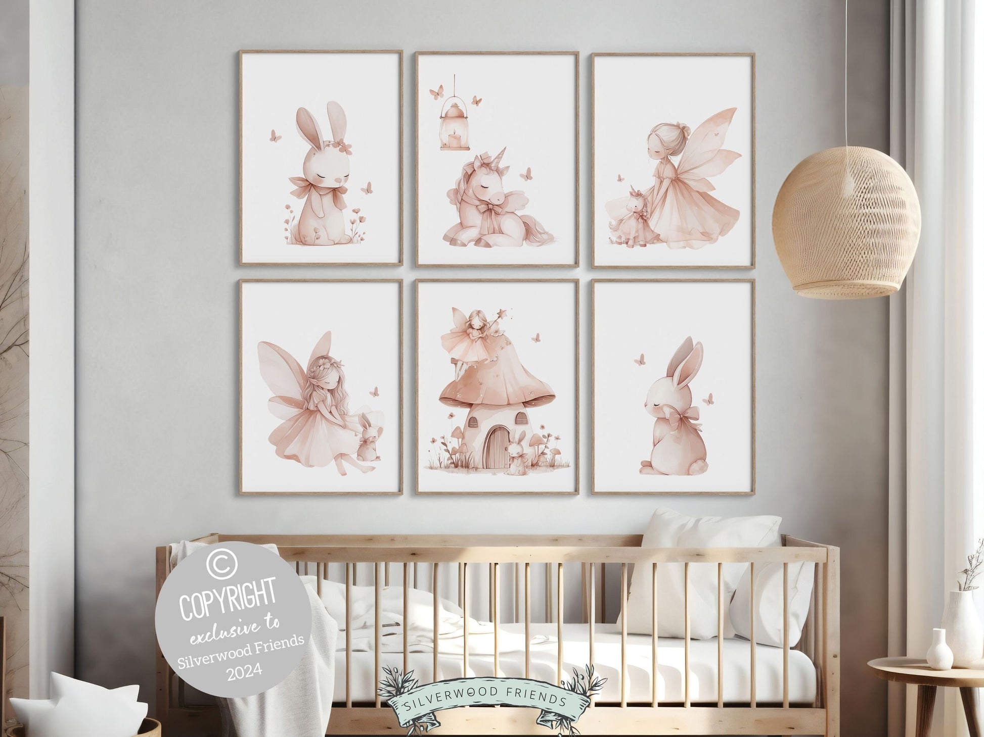 Fairytale Nursery Prints, Baby Girls Fairy Unicorn Nursery Print, Girls Pastel Pink Bunny Bedroom Decor, Fantasy Nursery Decor Digital Print