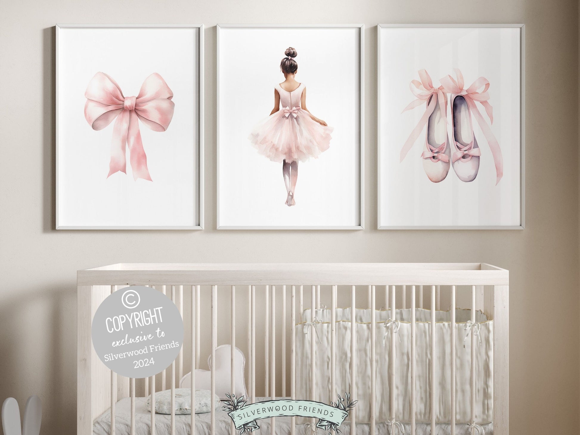 Set of 3 Ballet Nursery Prints featuring a ballerina, bow, and ballet slippers. Perfect for your ballet themed nursery or dance inspired bedroom, these charming prints add an elegant touch to your baby girls room and dreams of graceful twirls.