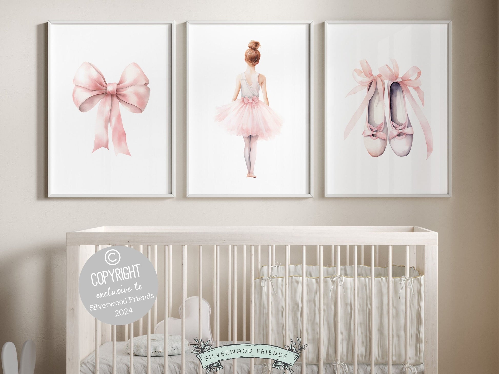 Set of 3 Ballet Nursery Prints featuring a ballerina, bow, and ballet slippers. Perfect for your ballet nursery decor these charming prints inspire imagination and foster a love for ballet, adding an elegant touch and dreams of graceful twirls.