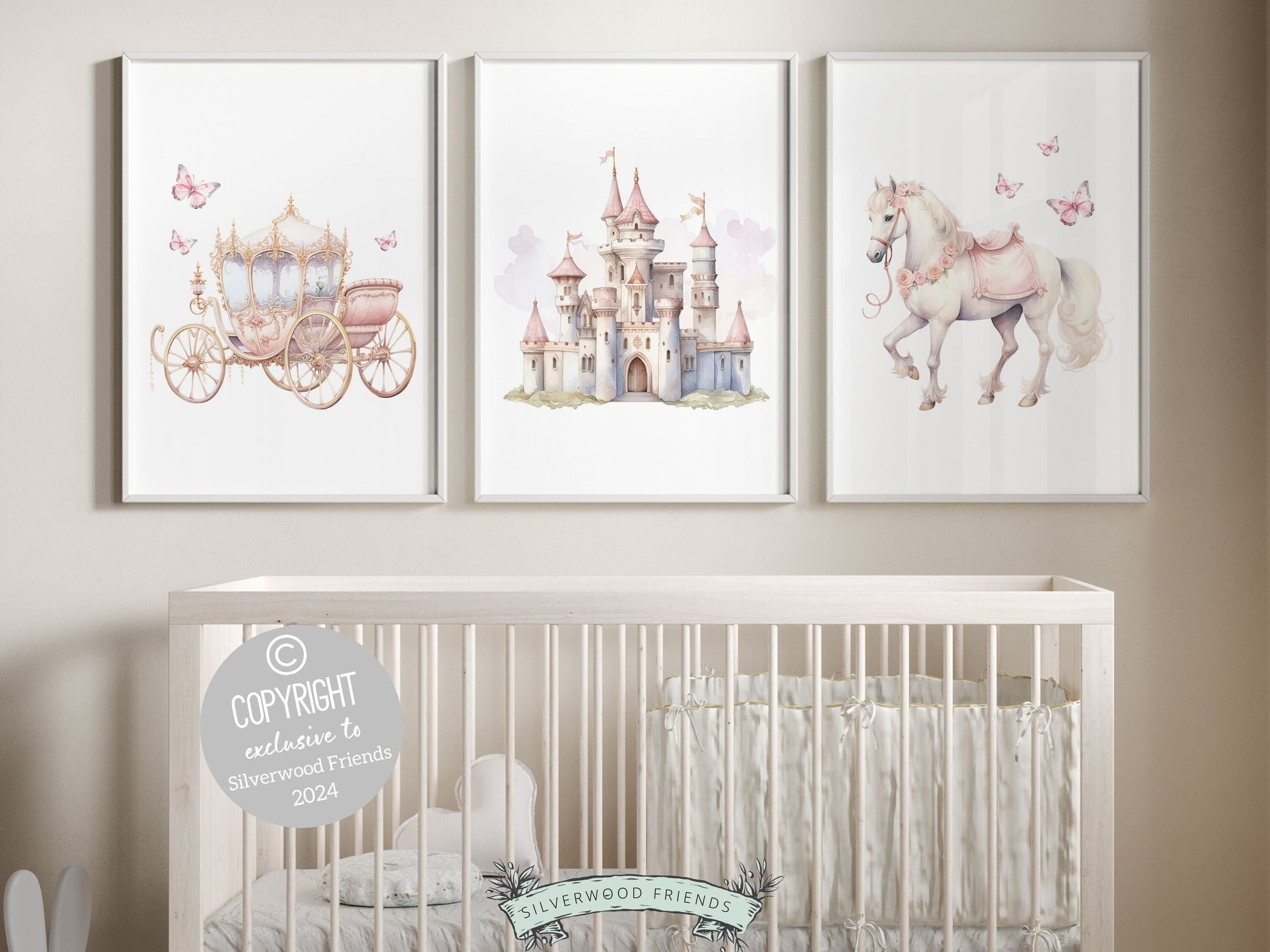 Set of 3 Princess Nursery Prints featuring a whimsical castle, majestic carriage, gallant horse and butterflies. Perfect for a princess themed bedroom these prints evoke dreams of graceful twirls adding a touch of magical charm to her space.