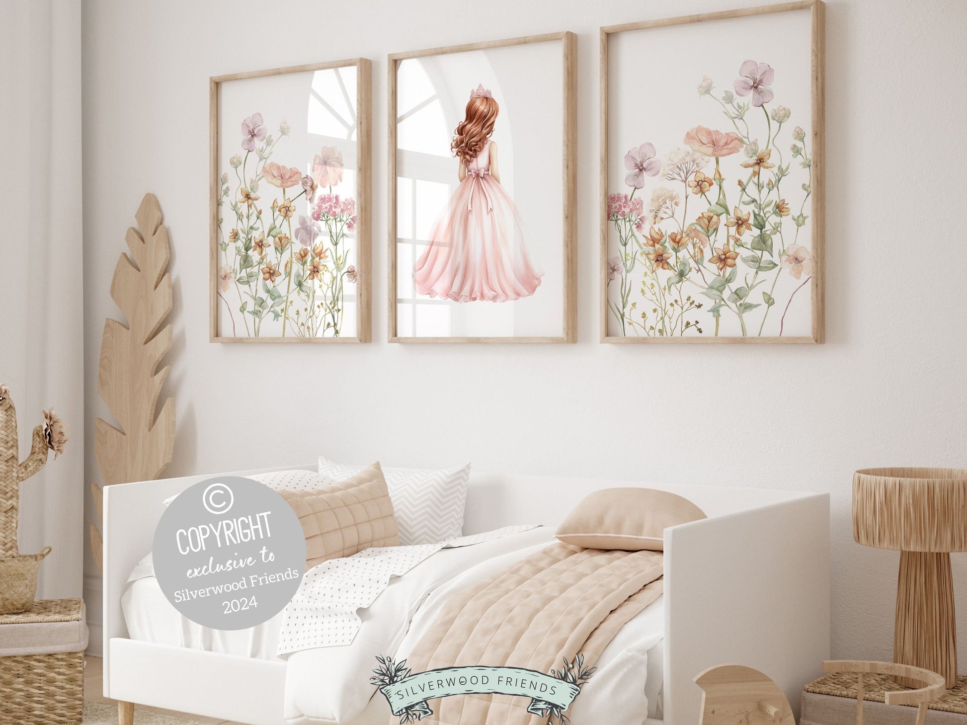 Set of 3 Princess Wildflower Nursery Prints, featuring a delicate princess and enchanting wildflowers. These prints add a touch of fairy tale charm to her space, igniting whimsical dreams with every glance. Perfect as a wildflower baby shower gift