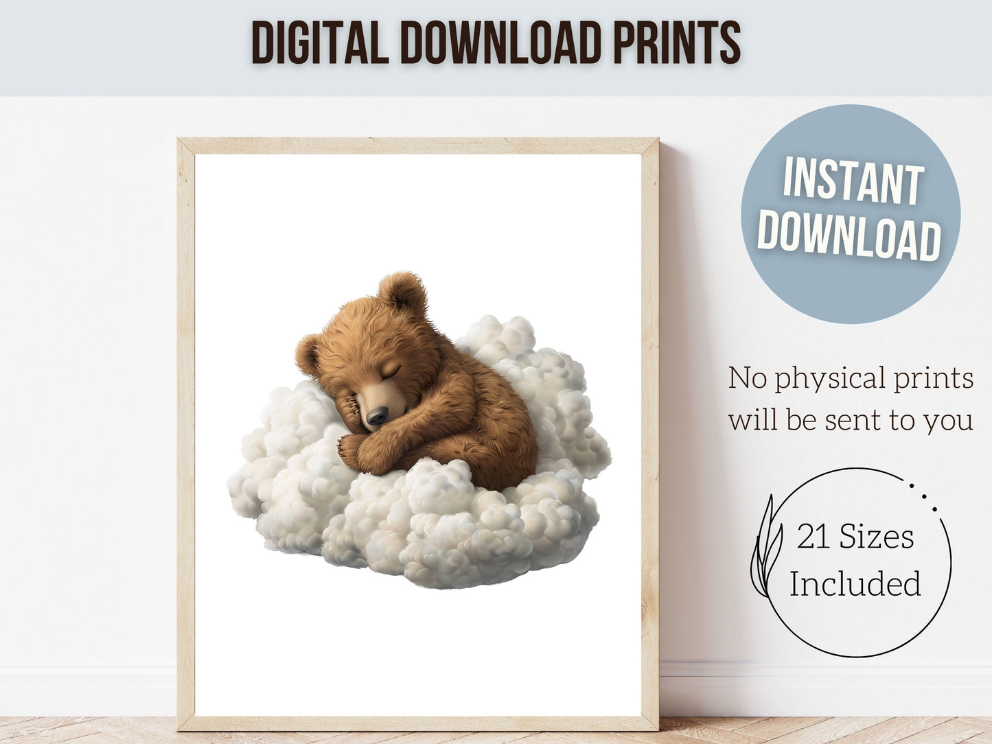 Sleeping Bear Nursery Print, Teddy Bear Nursery Decor, Neutral Nursery Decor, Sleepy Bear Nursery Wall Art, Woodland Nursery Digital Prints