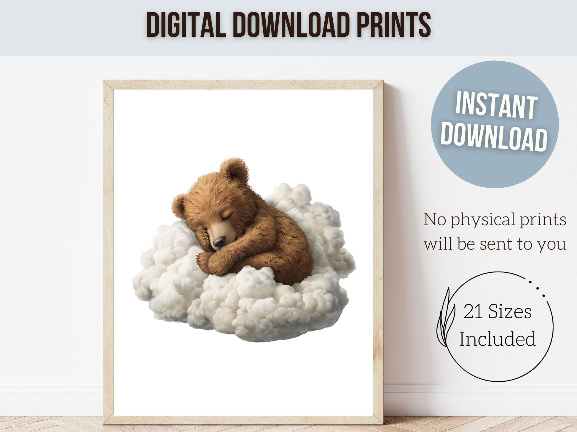 Sleeping Bear Nursery Print, Teddy Bear Nursery Decor, Neutral Nursery Decor, Sleepy Bear Nursery Wall Art, Woodland Nursery Digital Prints