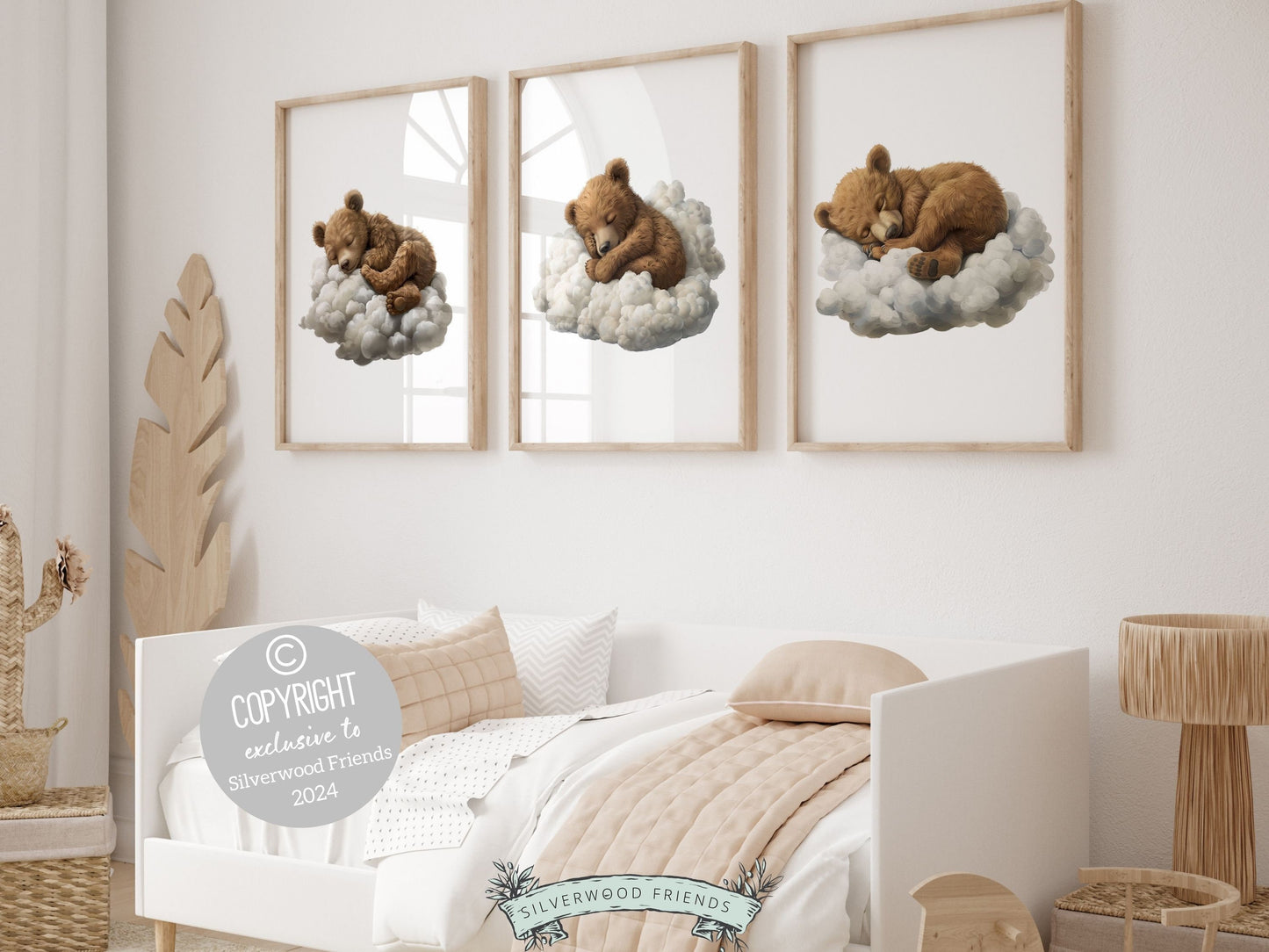 Set of 3 Sleeping Bear Nursery Prints where cuddly baby brown bears snooze atop fluffy clouds. Perfect for your woodland nursery decor, these charming prints promise to sprinkle enchantment and also make for an unforgettable baby shower gift.
