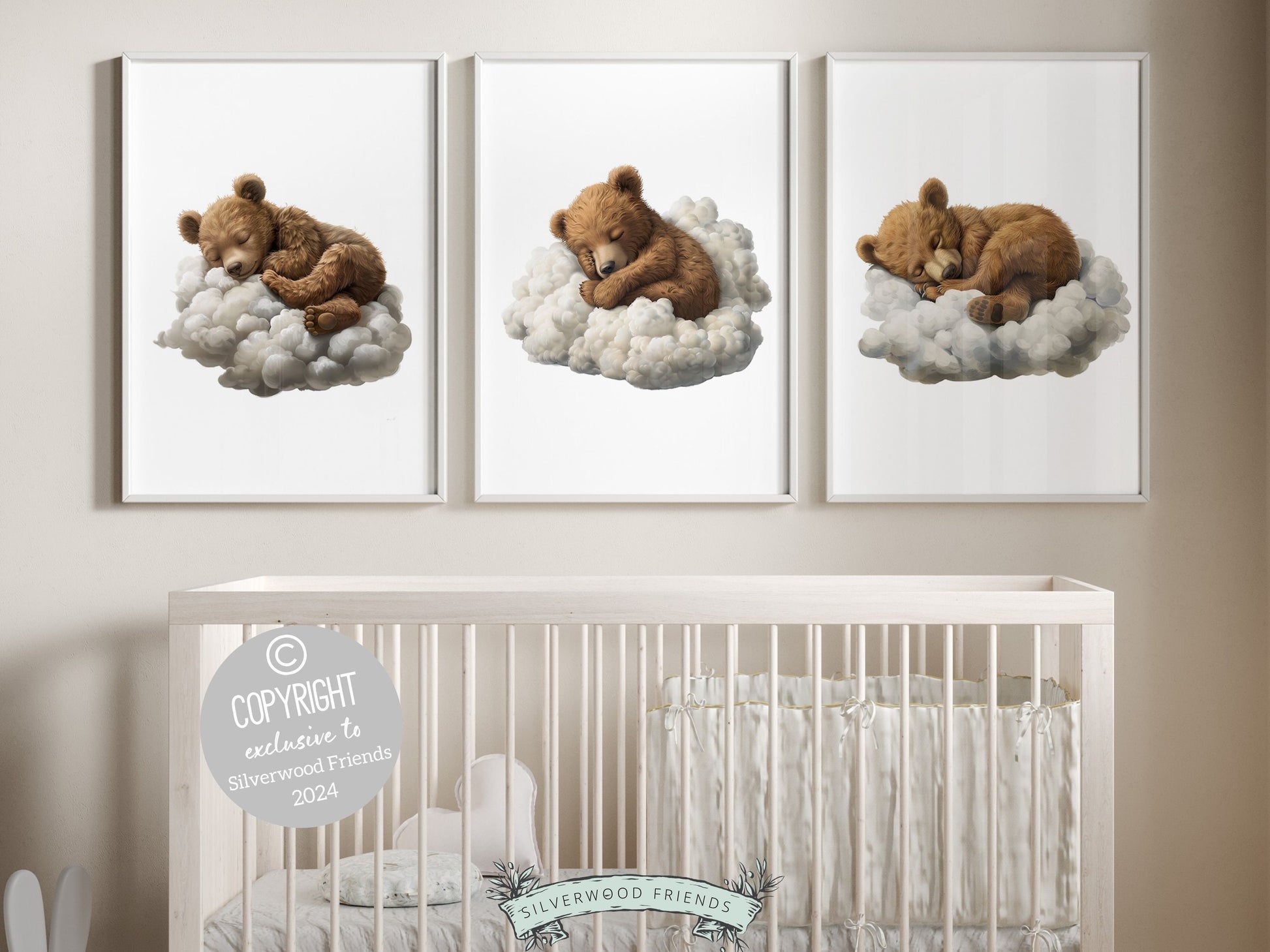 Sleeping Bear Nursery Print, Teddy Bear Nursery Decor, Neutral Nursery Decor, Sleepy Bear Nursery Wall Art, Woodland Nursery Digital Prints