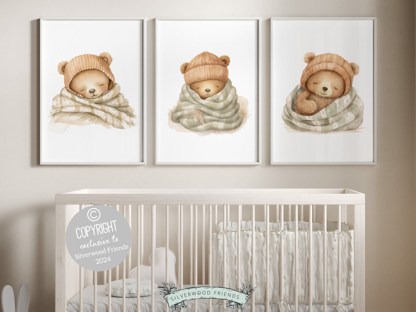 Set of 3 Teddy Bear Nursery Prints featuring teddy bears sleeping wrapped up snuggly and warm in soft blankets. The neutral color palette makes it the perfect addition to your neutral nursery theme or as a unique gender neutral baby shower gift.