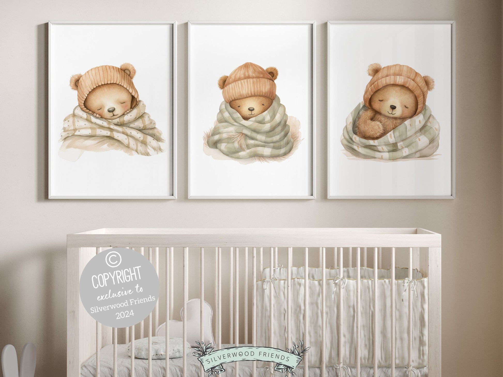 Set of 3 Teddy Bear Nursery Prints featuring teddy bears sleeping wrapped up snuggly and warm in soft blankets. The neutral color palette makes it the perfect addition to your neutral nursery theme or as a unique gender neutral baby shower gift.