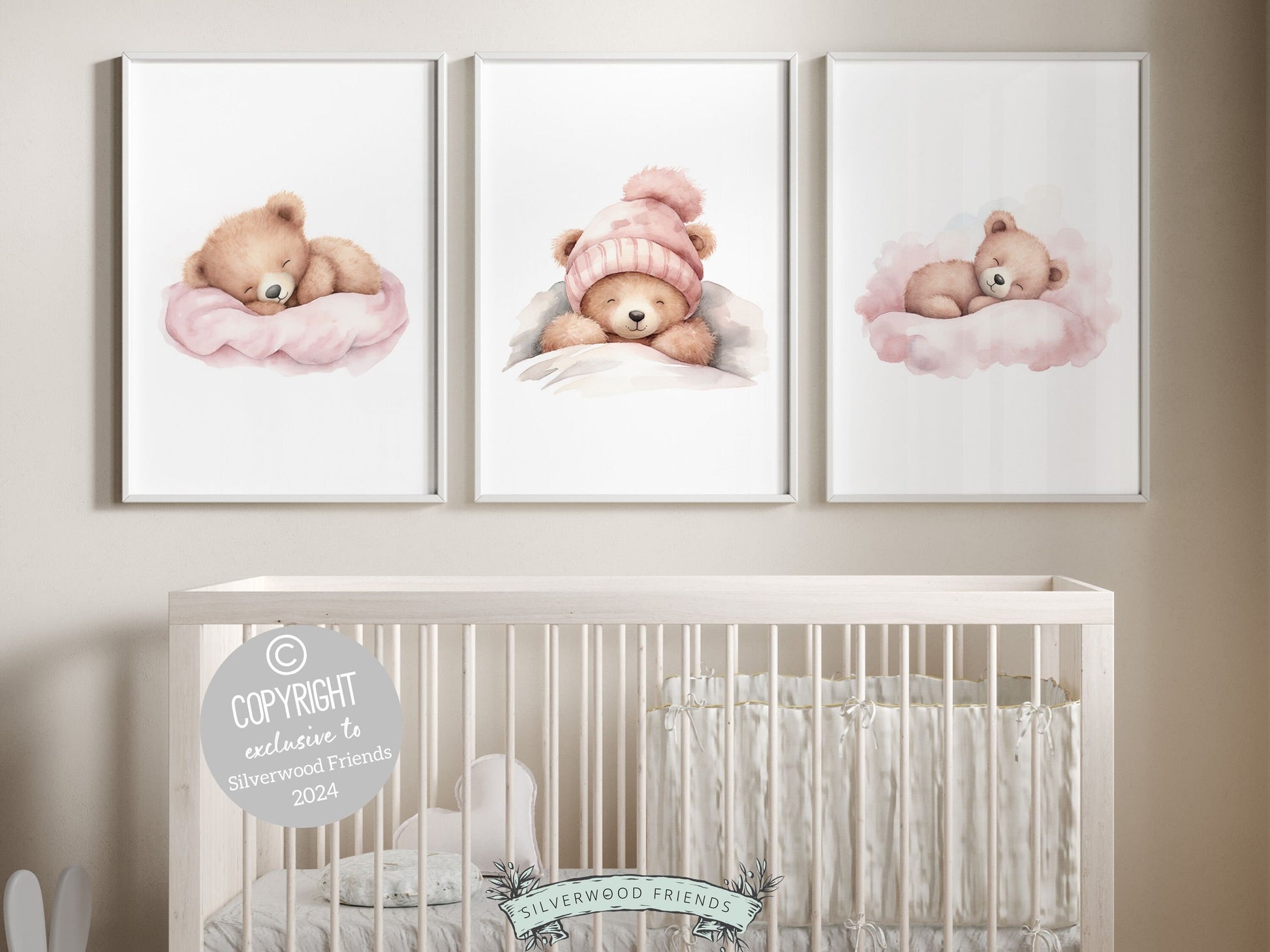 Baby Girls Pink Teddy Bear Nursery Prints1