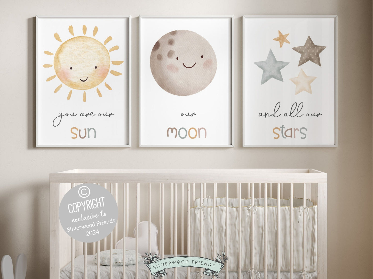 Set of 3 Boho Baby Nursery Prints featuring a sun, moon, and stars, along with the loving and positive quote You are our sun, our moon, and all our stars will create a dreamy atmosphere in your nursery and also makes the perfect baby shower gift.