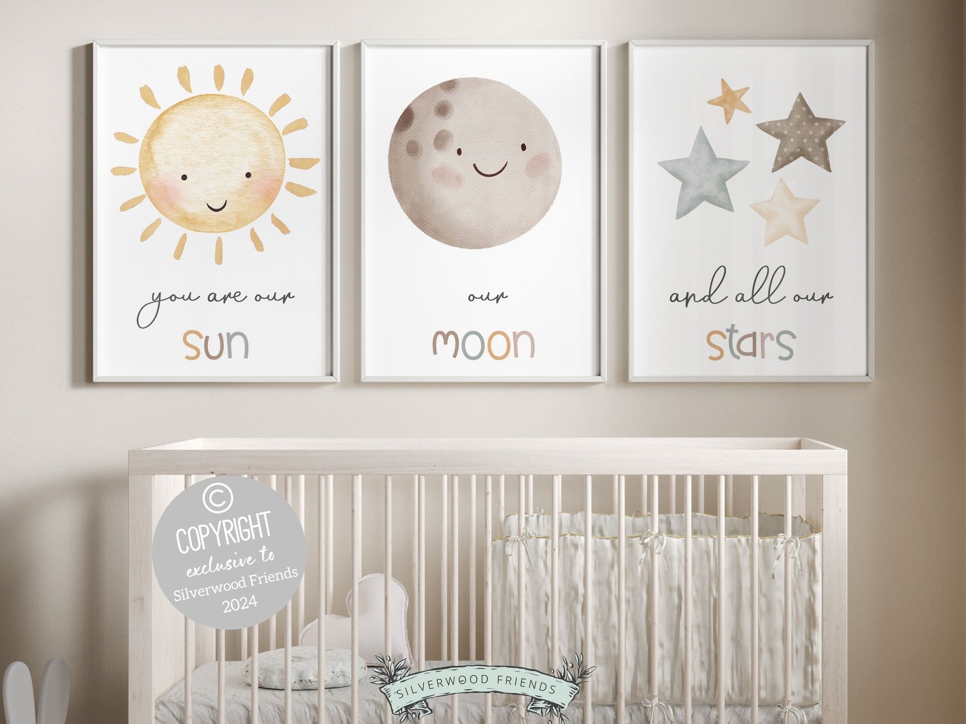 Set of 3 Boho Baby Nursery Prints featuring a sun, moon, and stars, along with the loving and positive quote You are our sun, our moon, and all our stars will create a dreamy atmosphere in your nursery and also makes the perfect baby shower gift.