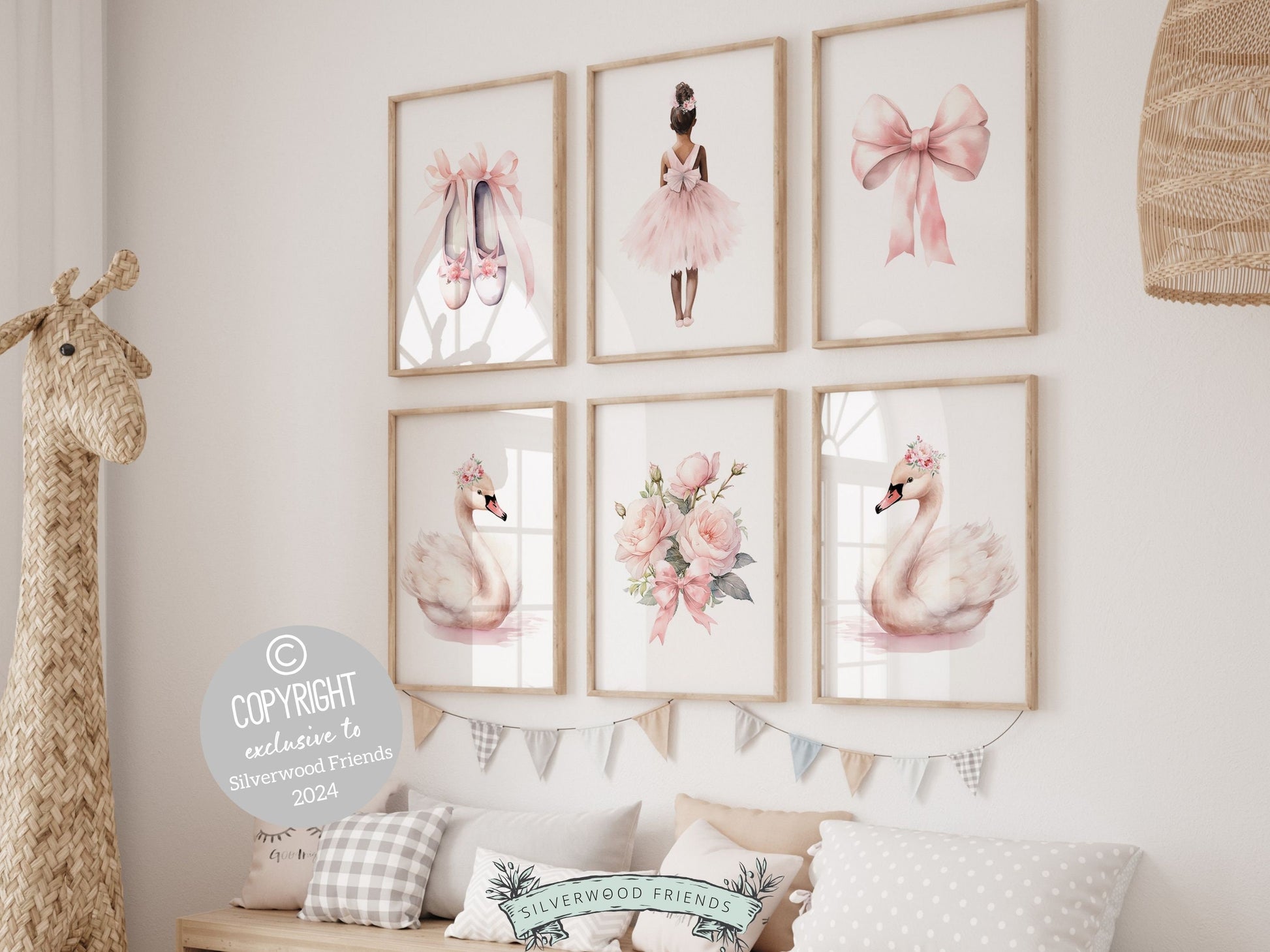 Baby Girl's Ballet Nursery Prints, African American Ballerina Nursery Decor, Floral Ballet Swan Wildflower Nursery Wall Decor Digital Print