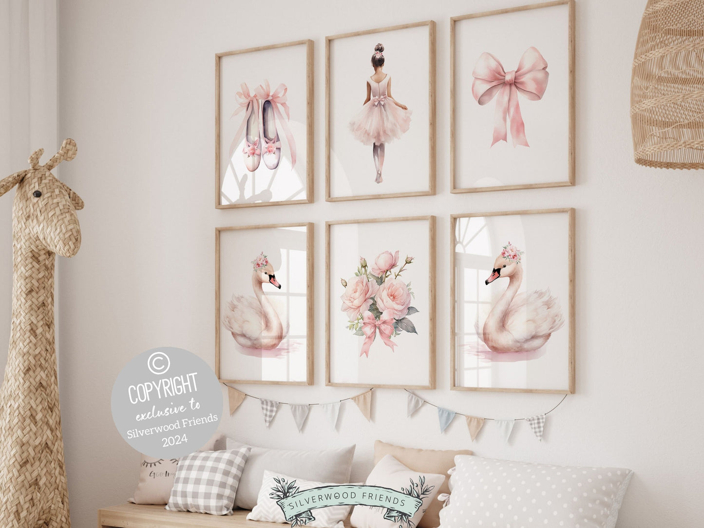 Baby Girl's Ballet Nursery Prints, African American Ballerina Nursery Decor, Floral Ballet Swan Wildflower Nursery Wall Decor Digital Prints