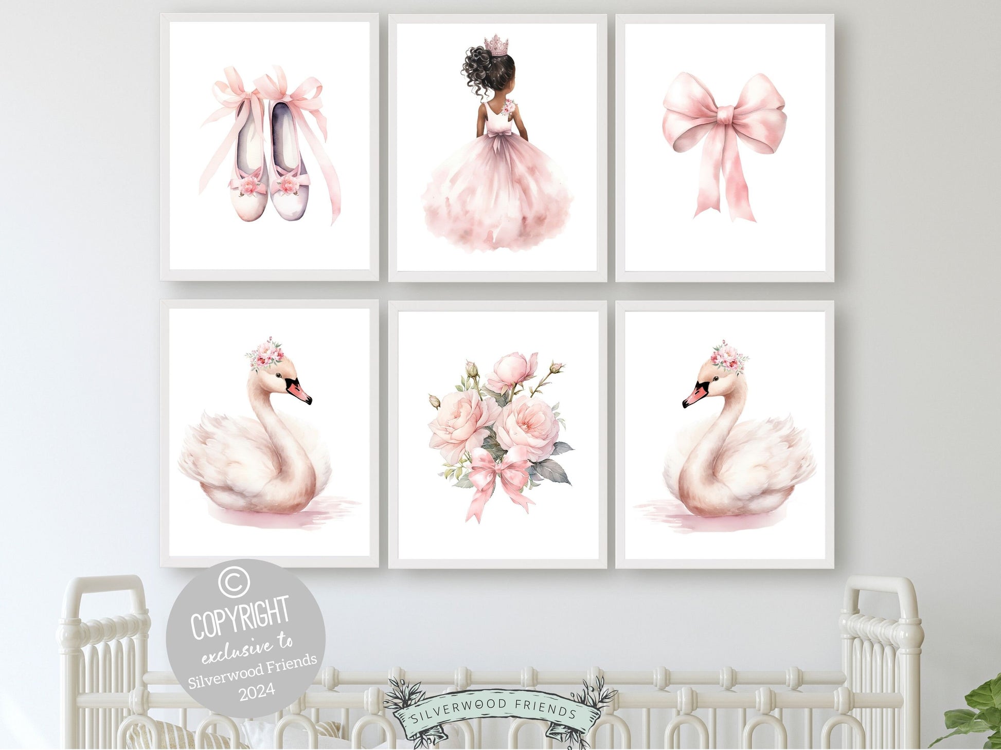 Baby Girl's Ballet Nursery Prints, African American Ballerina Nursery Decor, Floral Ballet Swan Wildflower Nursery Wall Decor Digital Prints