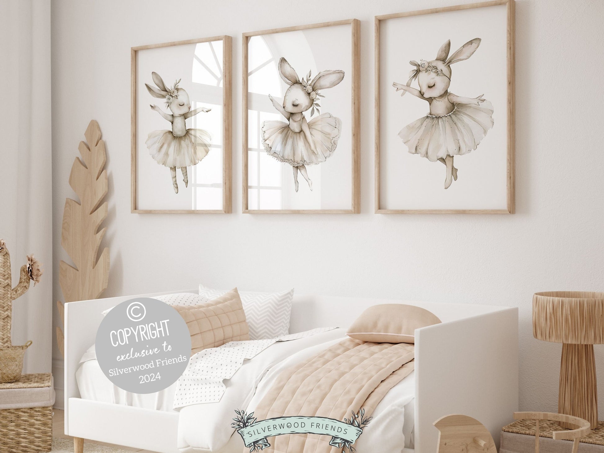 Bunny Ballet Nursery Prints showcasing adorable dancing ballerina bunny rabbits with floral crowns. Perfect for adding a touch of magic to your little girls ballet themed nursery decor and as a unique baby shower gift.