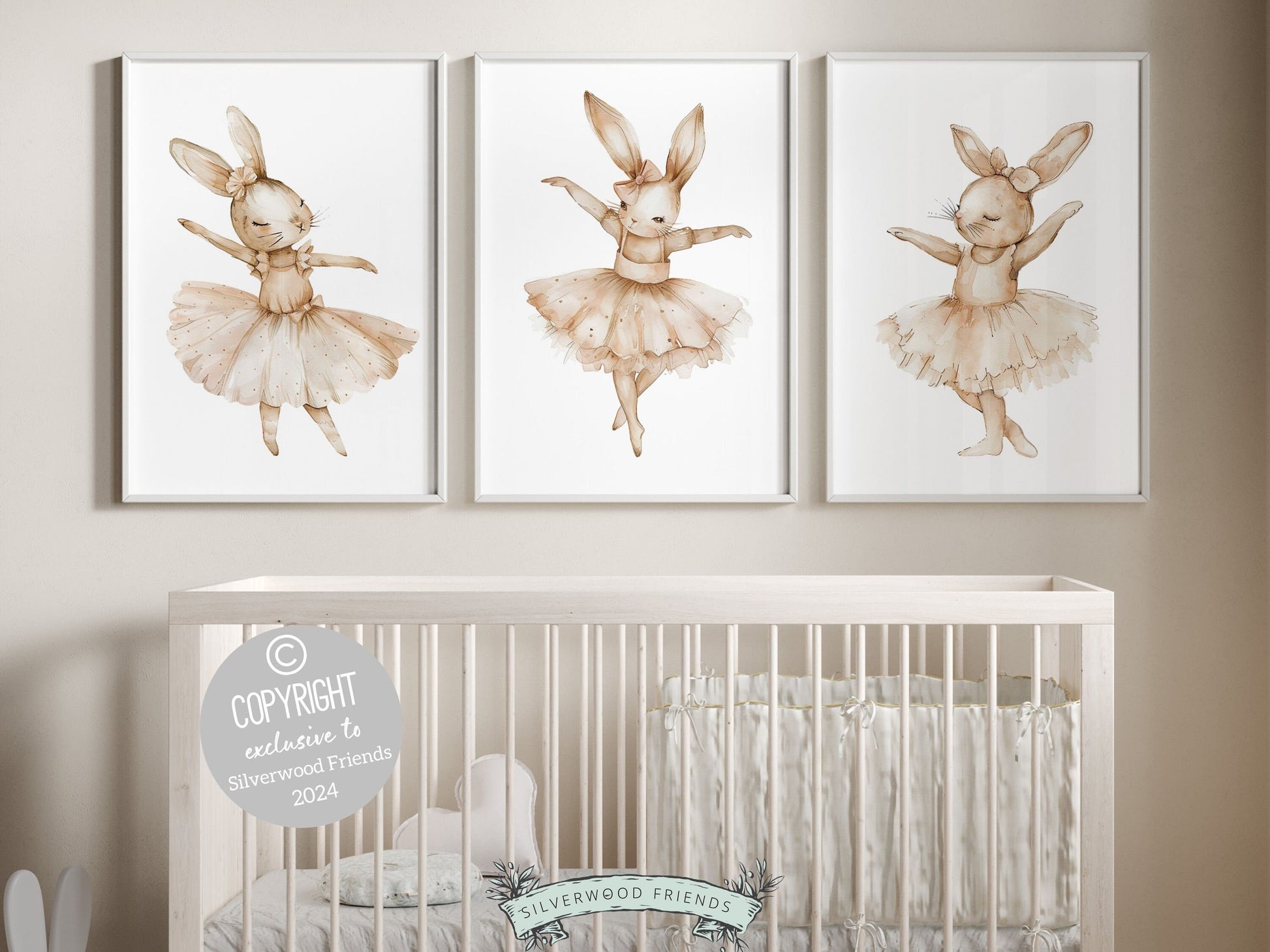 Bunny Ballet Nursery Prints showcasing adorable dancing ballerina bunny rabbits. Perfect for adding a touch of magic to your little girls ballet themed nursery decor these charming prints also make for an enchanting and one-of-a-kind baby shower gift
