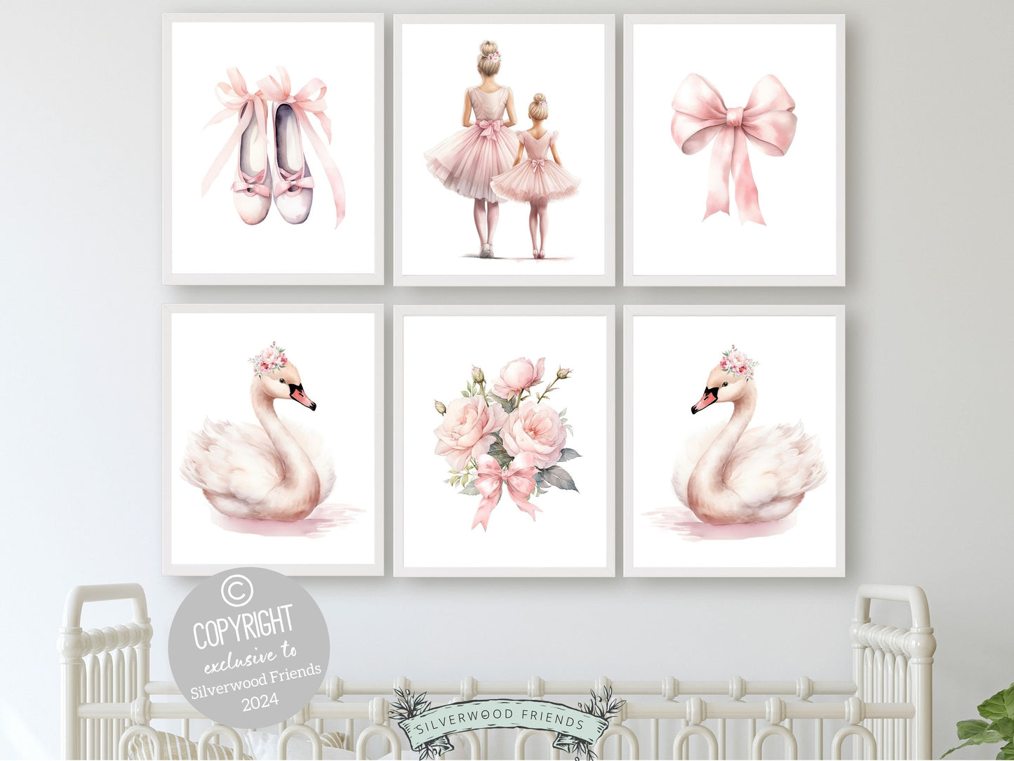 Set of 6 Ballet Nursery Prints. Perfect for your ballet nursery decor or dance inspired bedroom, these charming prints inspire imagination and foster a love for ballet, adding an elegant touch to your baby girls room and dreams of graceful twirls.