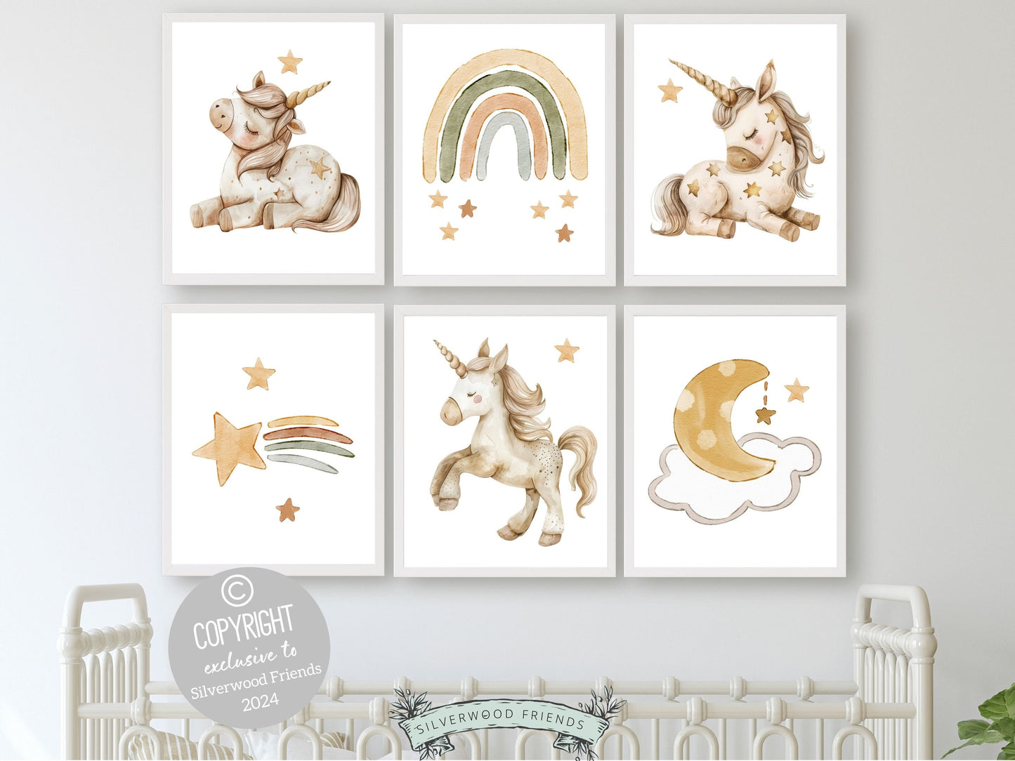 Set of 6 Unicorn Nursery Prints, showcasing adorable unicorns, stars and boho rainbow for a whimsical, enchanting nursery. These neutral prints are the perfect addition to your nursery and also make a charming baby shower gift.