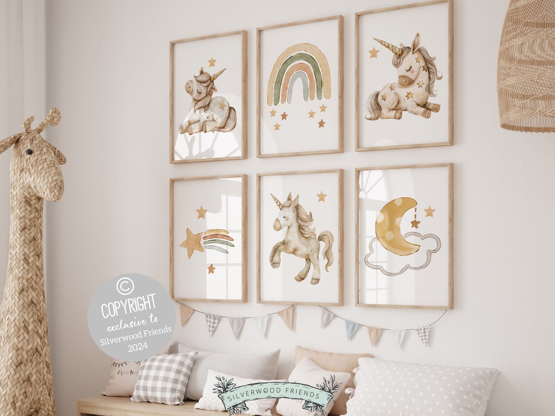 Set of 6 Unicorn Nursery Prints, showcasing adorable unicorns, stars and boho rainbow for a whimsical, enchanting nursery. These neutral prints are the perfect addition to your nursery and also make a charming baby shower gift.