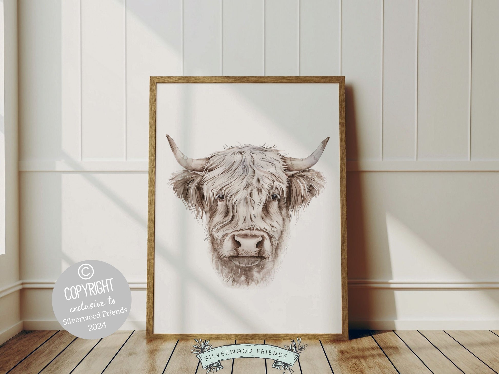 Highland Cow Print features a charming highland cow set on a crisp white background and is perfect for adding a touch of farm charm to any room in your house. Ideal for nursery decor or as a baby shower gift, this print brings character to any space.