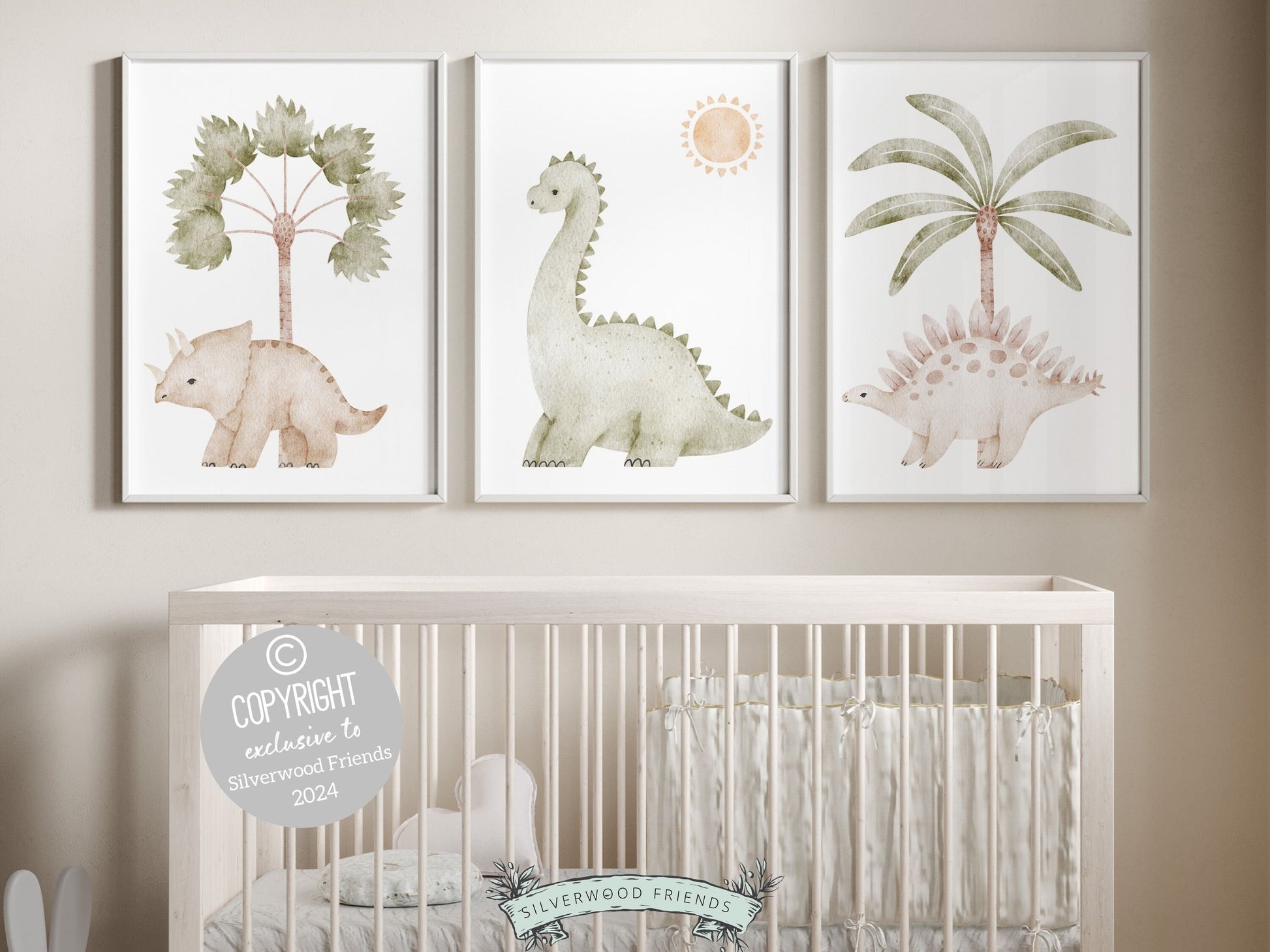 Set of 3 Dinosaur Nursery Prints featuring delightful watercolor dinosaurs with tropical palm trees. Each print showcases a different prehistoric creature in a calming color scheme, perfect for your dinosaur theme nursery or as a baby shower gift.