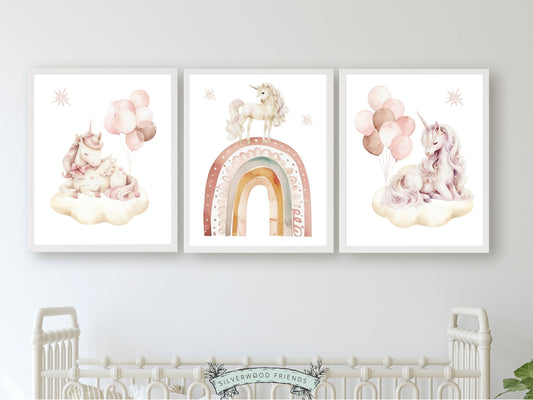 Baby Girls Unicorn Nursery Prints, Girls Fantasy Nursery Decor Fairytale Nursery Wall Art, Pink Magical Princess Horse Nursery Digital Print