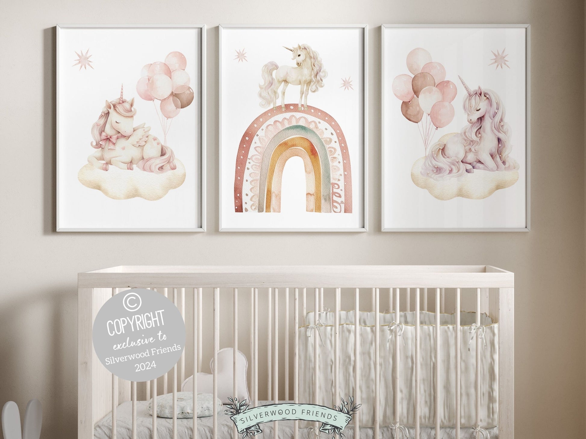 Set of 3 Unicorn Nursery Prints, featuring charming unicorns dancing amidst a dreamy starlit sky. Delight in the enchantment and add a touch of whimsy to your little ones space, or gift it as a truly special baby shower gift.