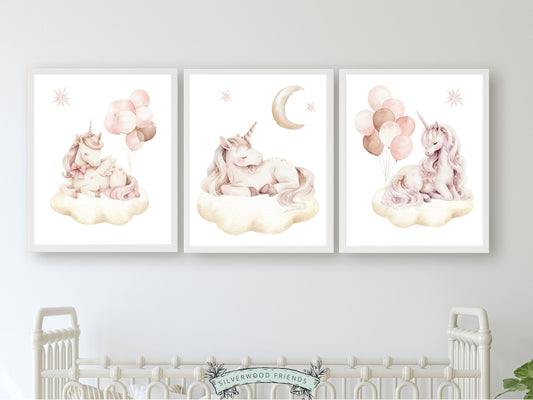 Baby Girls Unicorn Nursery Prints, Girls Fantasy Nursery Decor Fairytale Nursery Wall Art, Pink Magical Princess Horse Nursery Digital Print