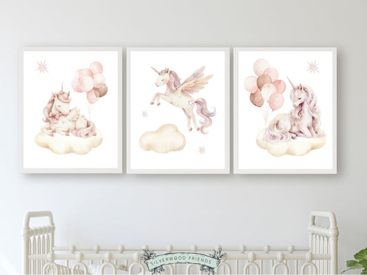 Baby Girls Unicorn Nursery Prints, Girls Fantasy Nursery Decor Fairytale Nursery Wall Art, Pink Magical Princess Horse Nursery Digital Print