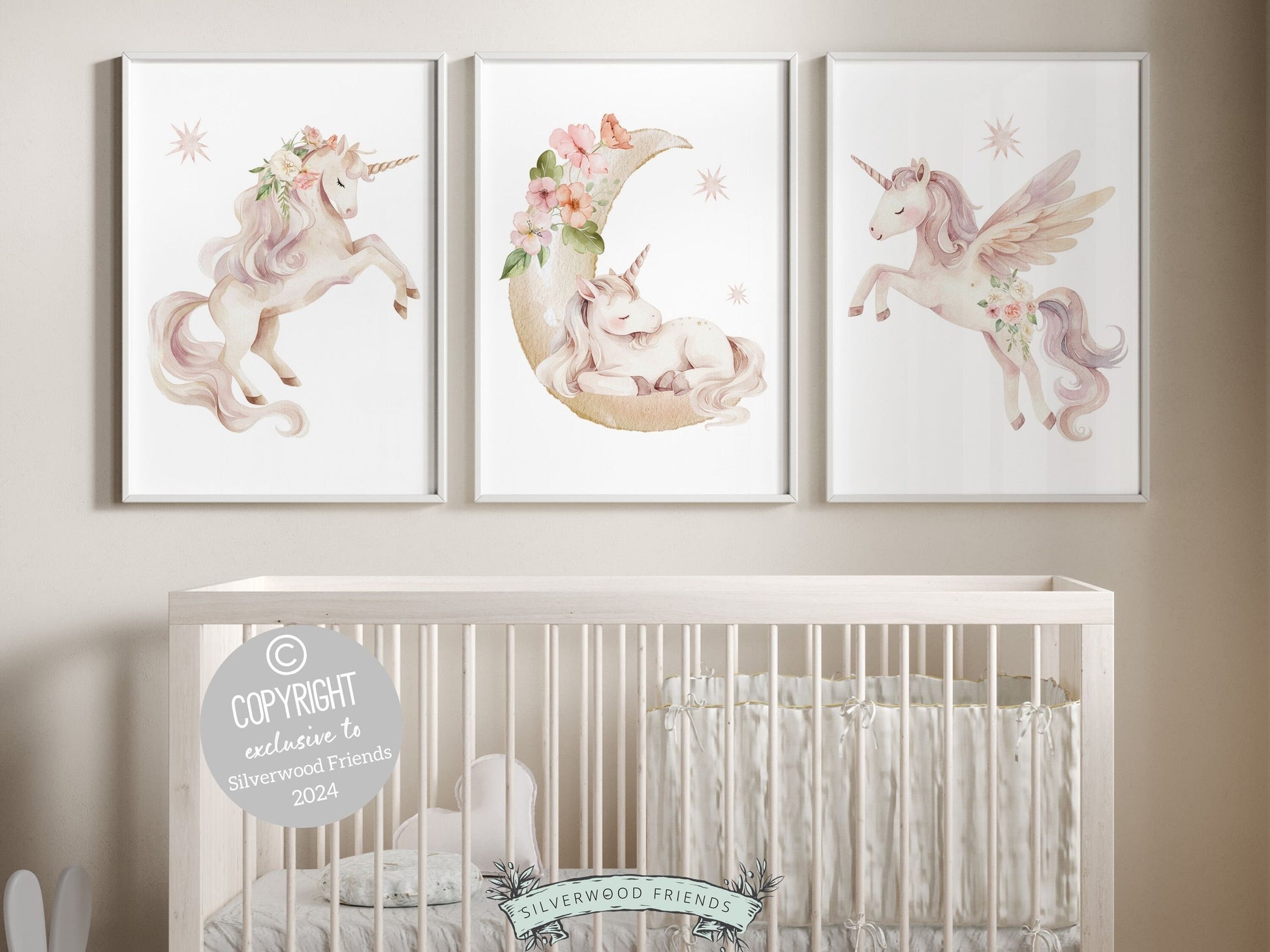 Set of 3 Unicorn Nursery Prints, featuring charming unicorns with wildflowers dancing amidst a dreamy starlit sky. Delight in the enchantment and add a touch of whimsy to your little ones space, or gift it as a unique baby shower gift.