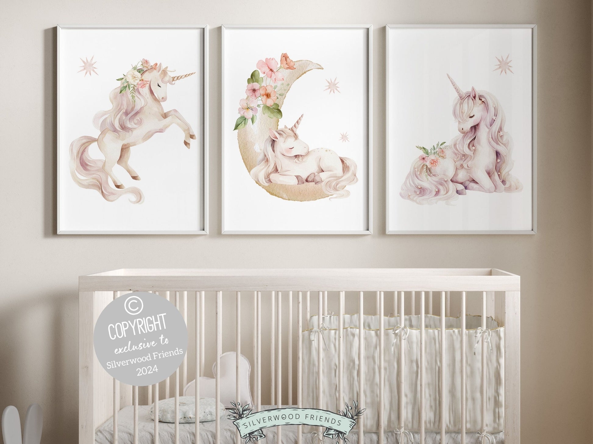 Set of 3 Unicorn Nursery Prints, featuring charming unicorns with wildflowers dancing amidst a dreamy starlit sky. Delight in the enchantment and add a touch of whimsy to your little ones space, or gift it as a unique baby shower gift.