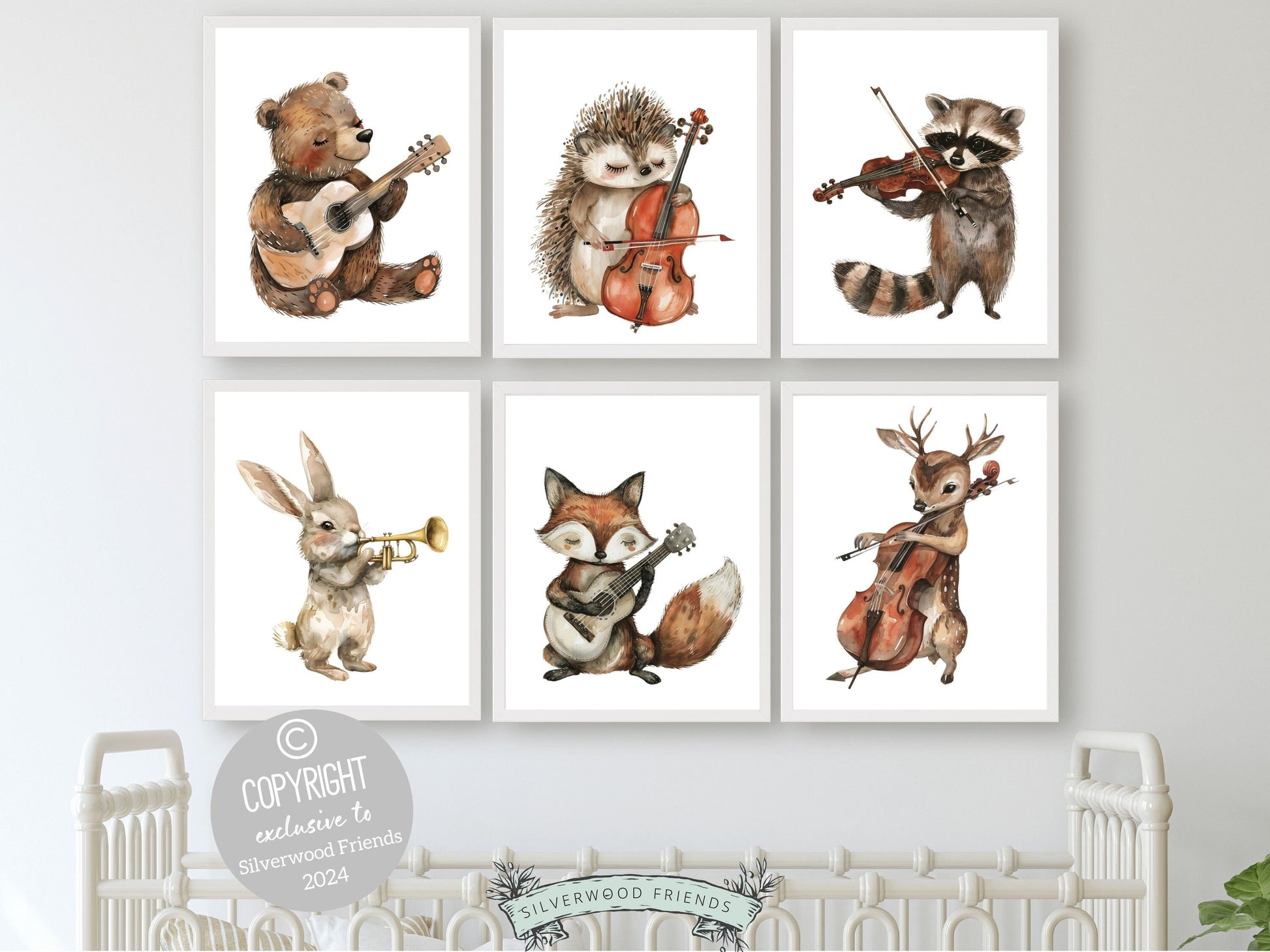 Woodland Musical Animal Nursery Prints, Woodland Music Nursery Decor, Woodland Animals Playing Instruments Nursery Wall Art Digital Print