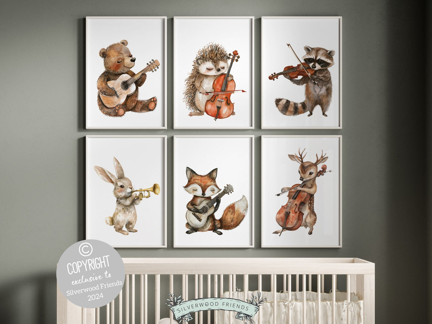 Woodland Musical Animal Nursery Prints, Woodland Music Nursery Decor, Woodland Animals Playing Instruments Nursery Wall Art Digital Print