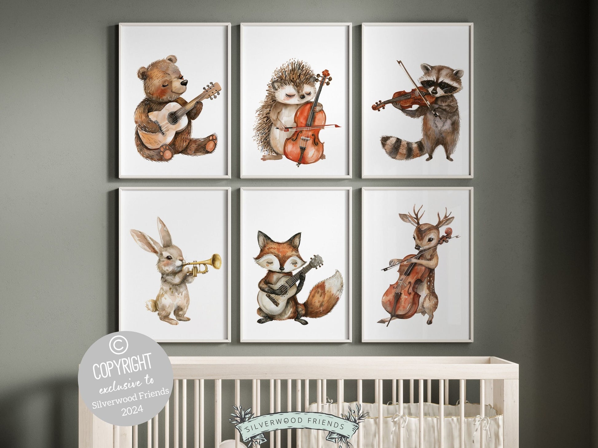 Woodland Musical Animal Nursery Prints, Woodland Music Nursery Decor, Woodland Animals Playing Instruments Nursery Wall Art Digital Print