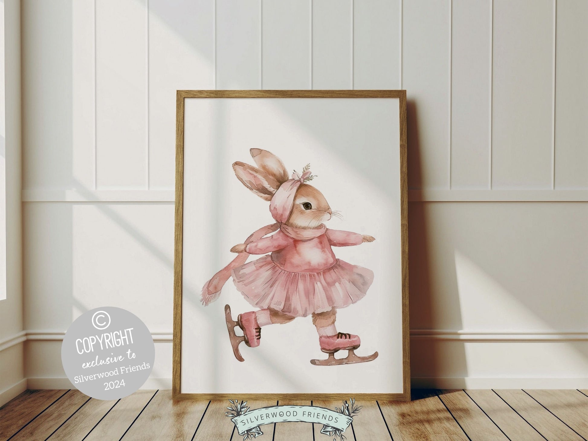 Baby Girl's Bunny Nursery Prints, Figure Skating Print, Ballerina Bunny Nursery Decor, Ice Skating Gift Girls Sport Room Decor Digital Print