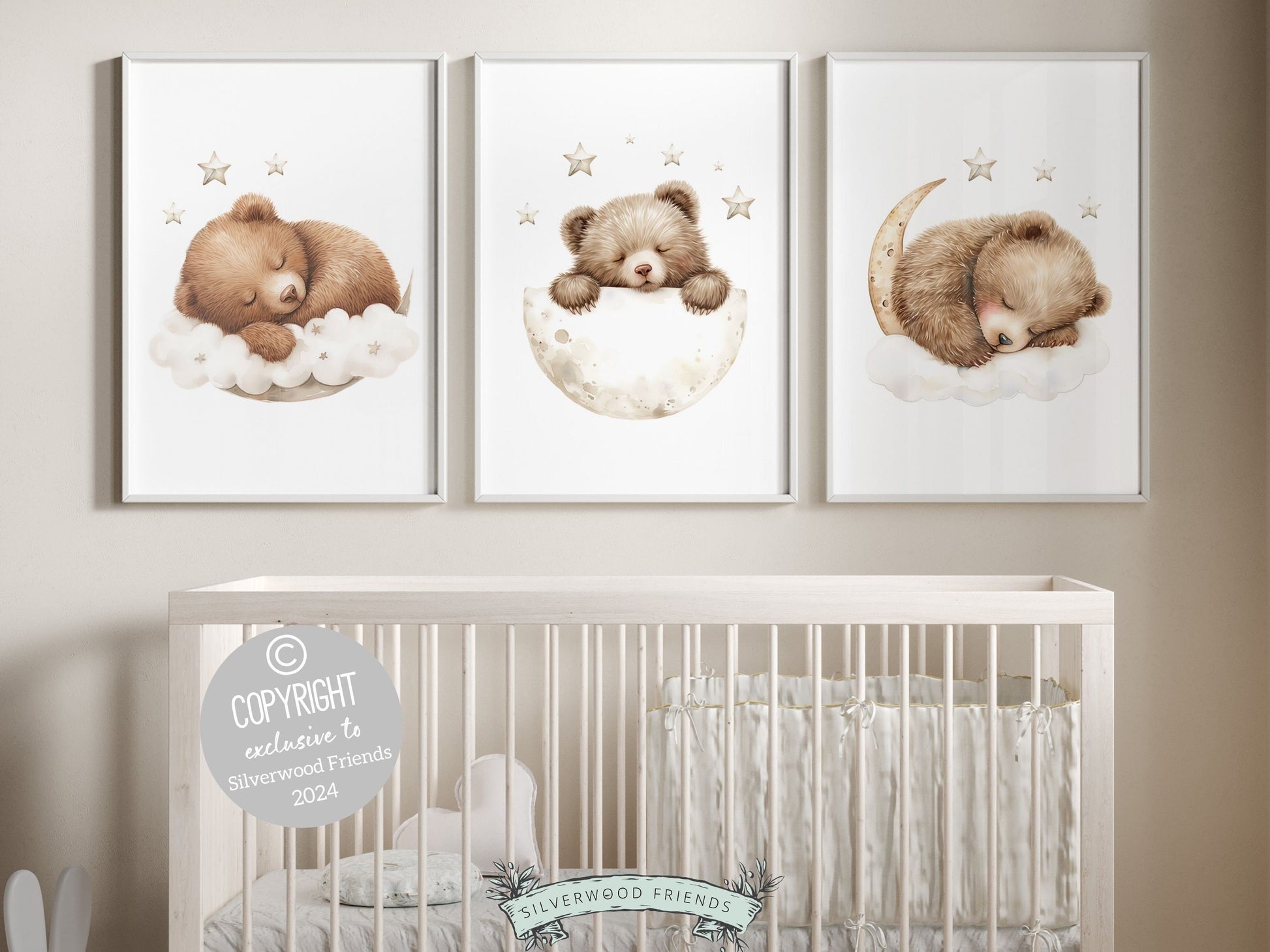 Set of 3 Teddy Bear Nursery Prints featuring adorable brown bears sleeping on the moon under a star studded sky. The neutral color palette makes it the perfect addition to your neutral nursery theme or as a unique gender neutral baby shower gift.