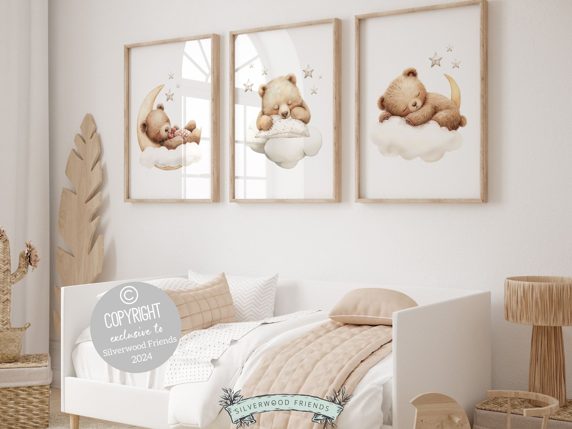 Set of 3 Teddy Bear Nursery Prints featuring adorable brown bears sleeping on the moon under a star studded sky. The neutral color palette makes it the perfect addition to your neutral nursery theme or as a unique gender neutral baby shower gift.