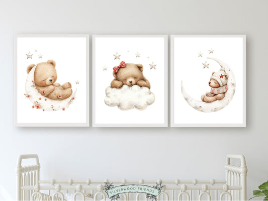 Baby Girls Teddy Bear Nursery Print, Teddy Bear Nursery Decor, Brown Bear Nursery Wall Art, Little Girls Woodland Bear Bedroom Digital Print