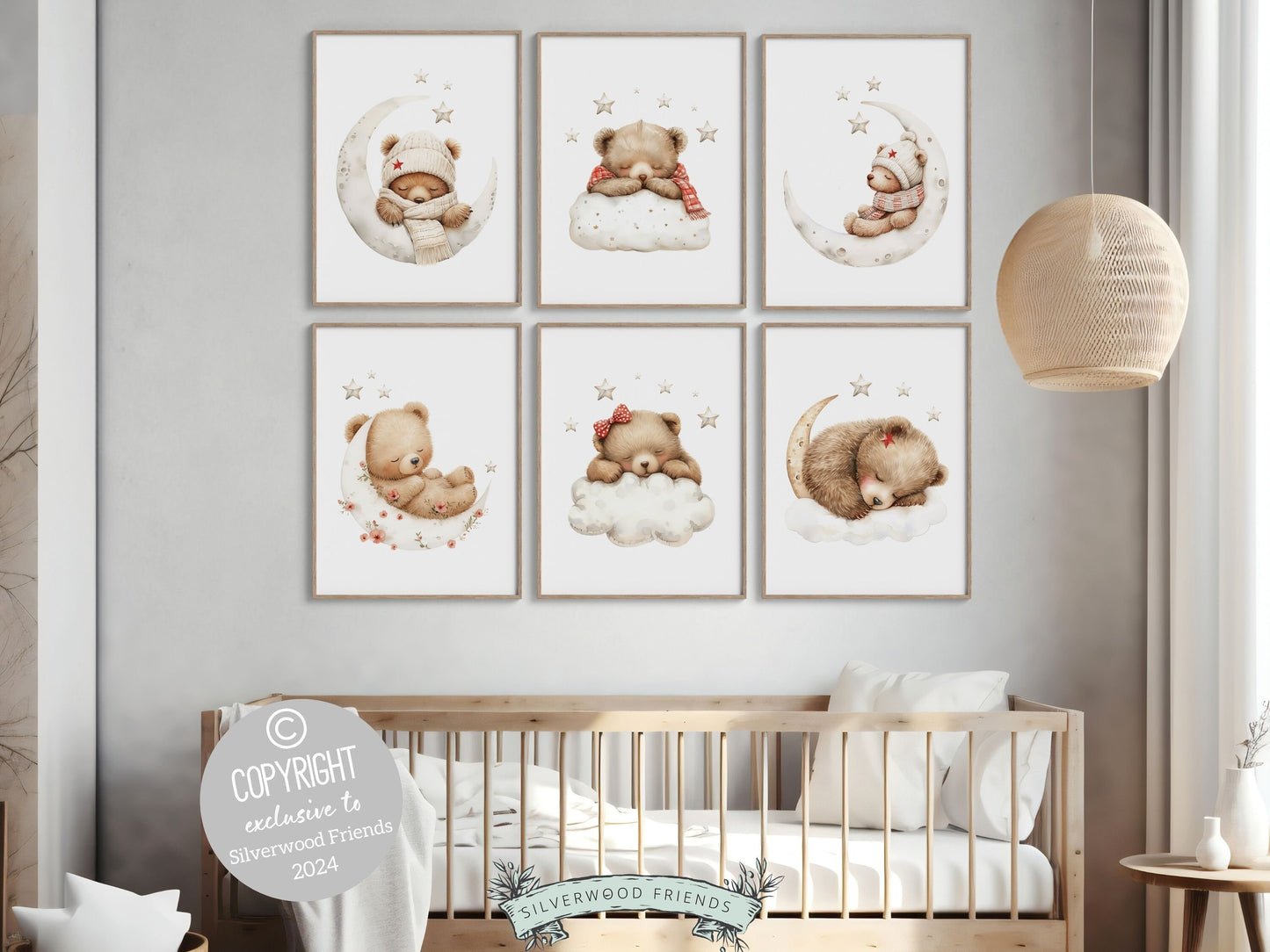 Set of 6 Teddy Bear Nursery Prints featuring adorable brown bears sleeping on the moon under a star studded sky. Perfect for your girls nursery decor or as a unique baby girl baby shower gift.
