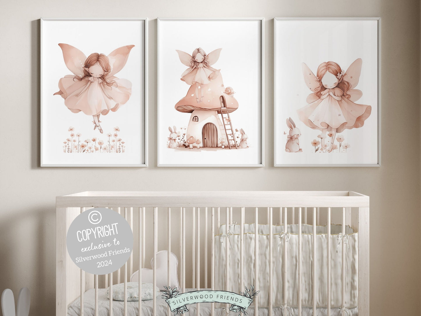 Embrace the enchantment with our delightful Fairy Nursery Prints featuring fairies, fairy house, bunnies, and wildflowers, the perfect adornment for your baby girls nursery decor or a cherished baby shower gift guaranteed to enchant.