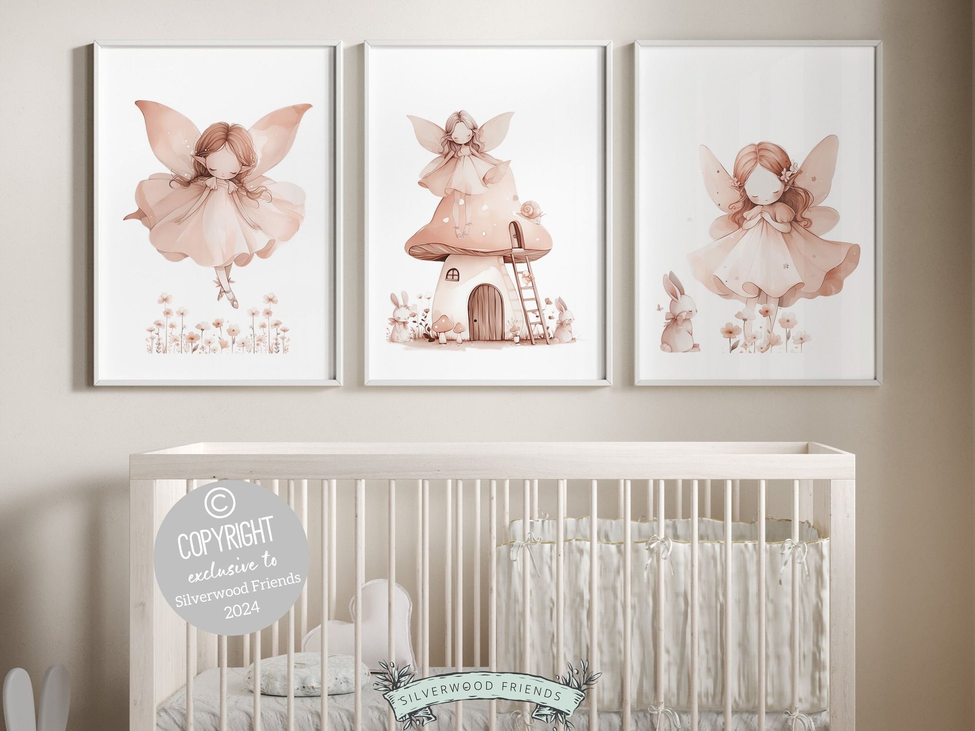 Embrace the enchantment with our delightful Fairy Nursery Prints featuring fairies, fairy house, bunnies, and wildflowers, the perfect adornment for your baby girls nursery decor or a cherished baby shower gift guaranteed to enchant.