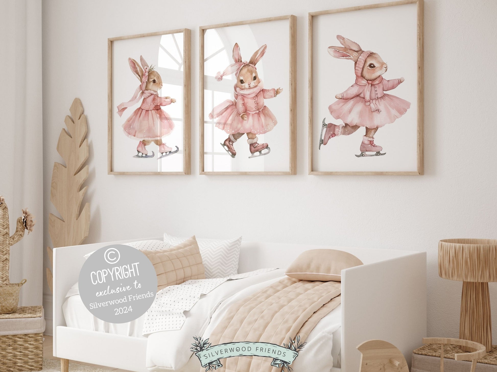 Adorn your little girls nursery with our gorgeous Figure Skating Bunny Nursery Prints Set of 3, featuring charming ice skating bunny rabbits. This unique and original artwork also makes a delightful baby shower gift for future figure skaters!