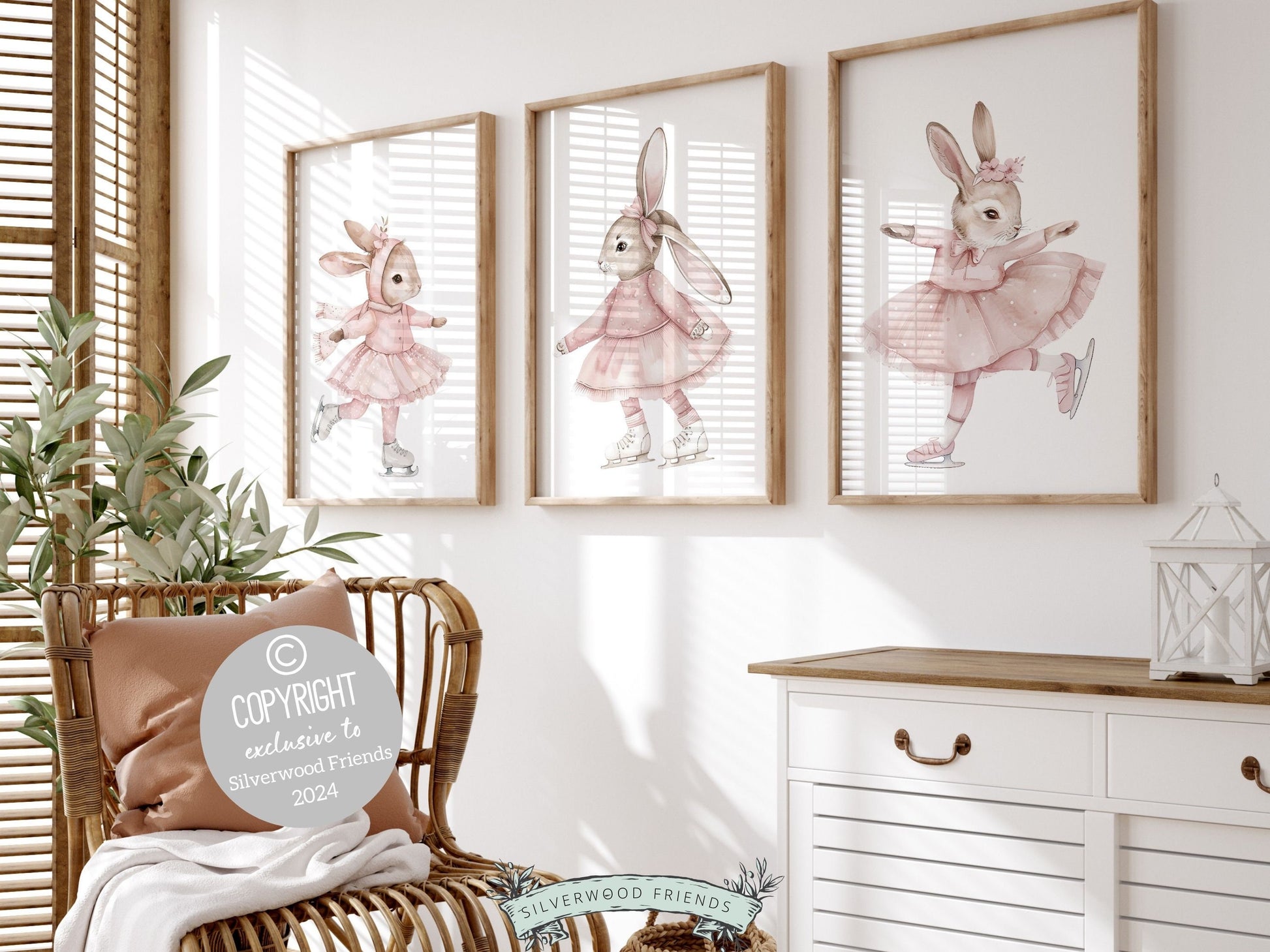 Adorn your little girls nursery with our gorgeous Figure Skating Bunny Nursery Prints Set of 3, featuring charming pale pink ice skating bunny rabbits. This original artwork also makes a delightful baby shower gift for future figure skaters!