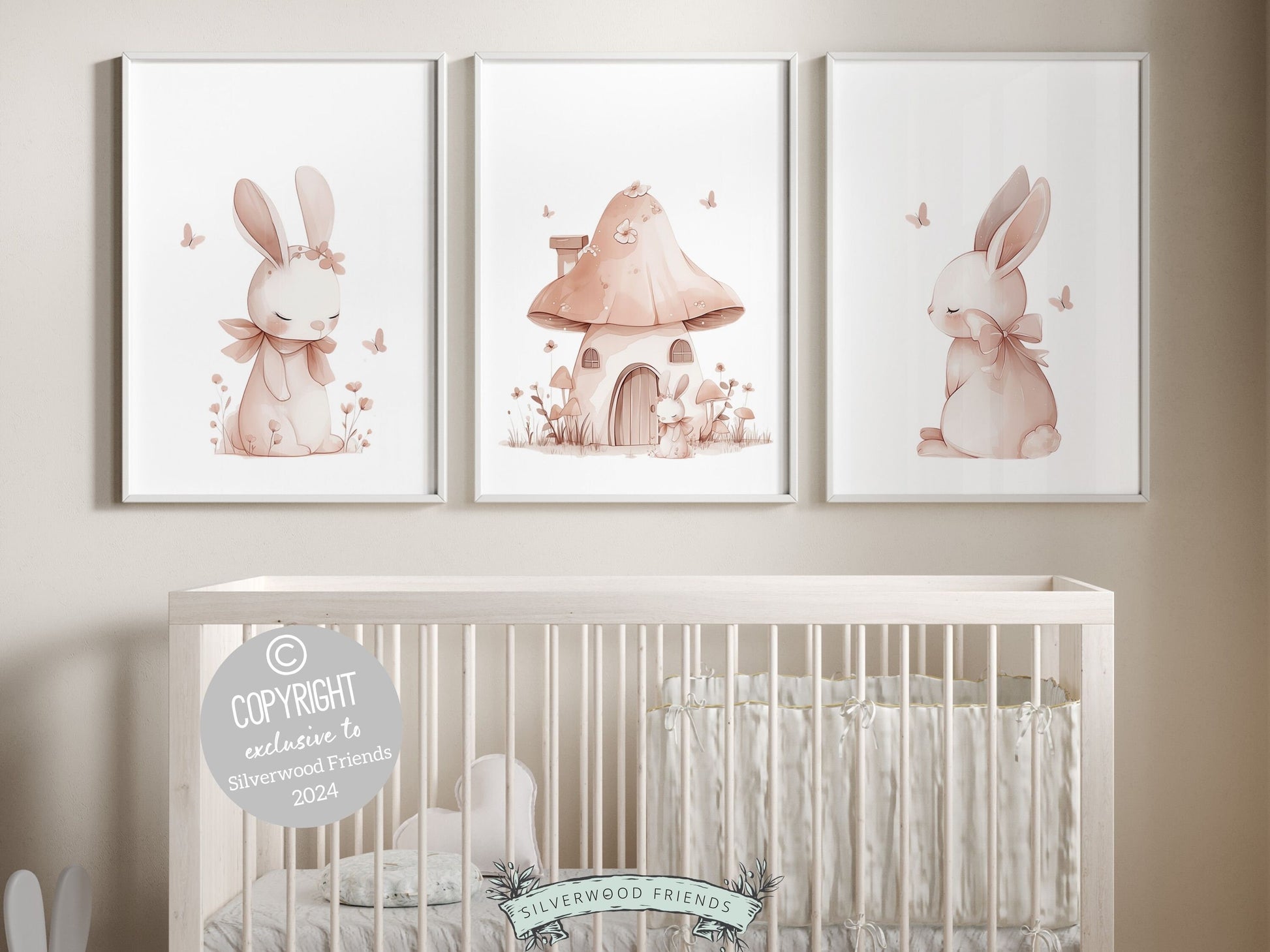 Our gorgeous Bunny Nursery Prints with pale pink bunny rabbits, mushroom house, wildflower&#39;s and butterflies is perfect for your baby girls nursery decor and also makes a unique baby shower gift.