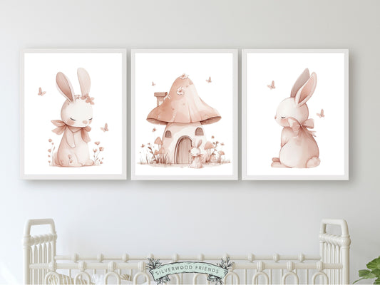Bunny Nursery Prints, Floral Bunny Fairytale Nursery Wall Art, Wildflower Fantasy Nursery Decor, Baby Girl Blush Pink Nursery Digital Prints
